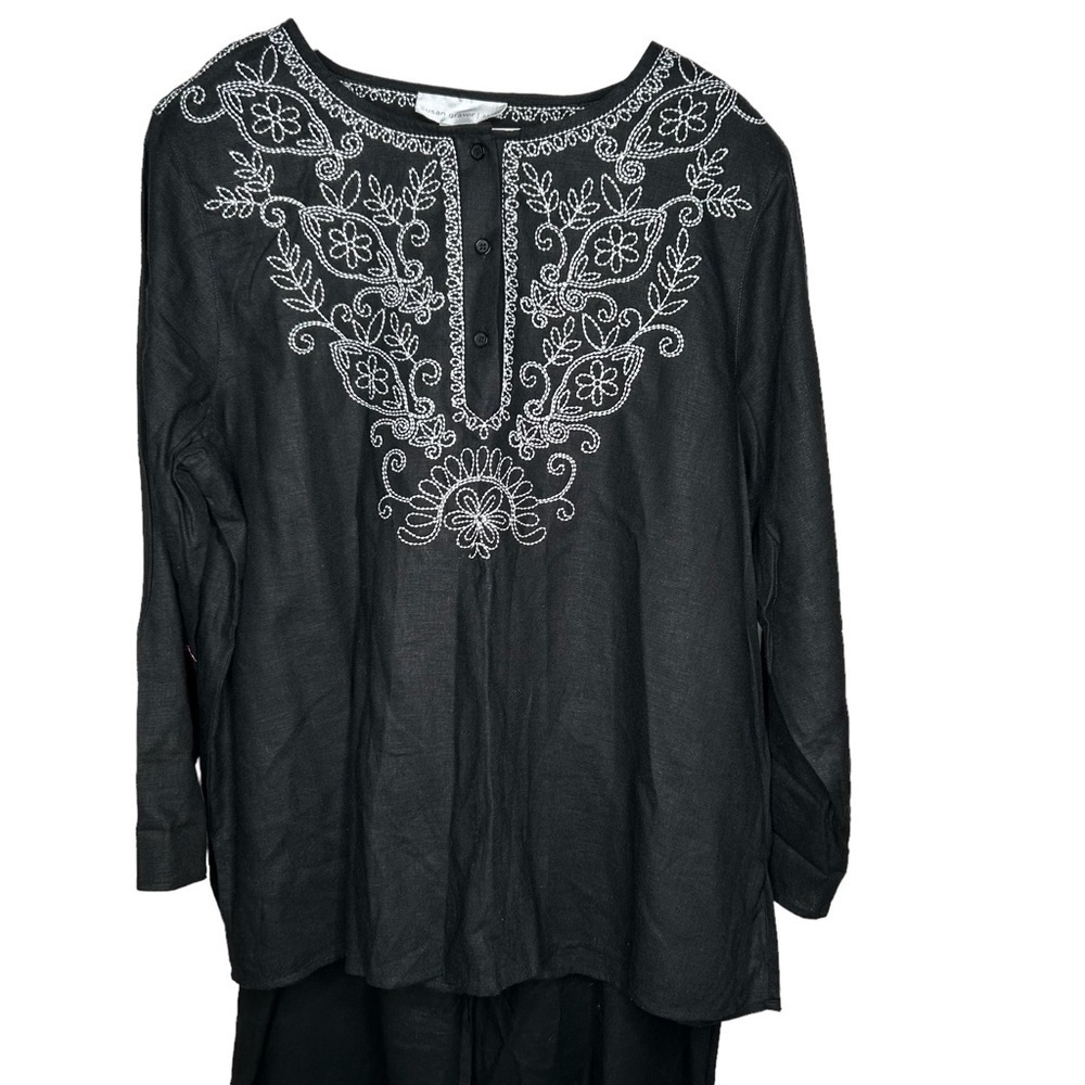 Susan Graver Women’s Linen Blend 2 Piece Set Blouse Pants 1X Black Embroidered - Picture 2 of 9